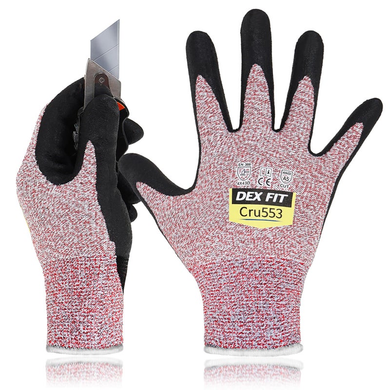 DEX FIT قفازات دكس فيت مقاومة للقطع من المستوى 5 Cru553، تصميم مريح ثلاثي الأبعاد، ملائمة مرنة، قبضة قوية، درجة احترافية، رقيقة، متوافقة مع شاشة اللمس، متينة، قابلة للغسل في الغسالة؛ حمراء S (7) 1 زوج - Image 1